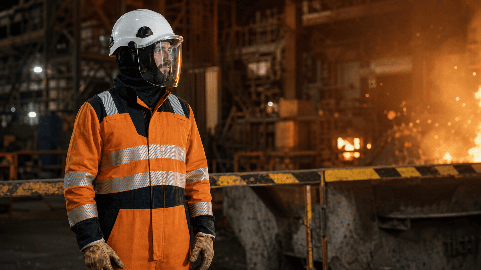 Trabajador con EPIs de protección térmica completa en entorno de fundición con calor extremo y chispas de metal fundido.