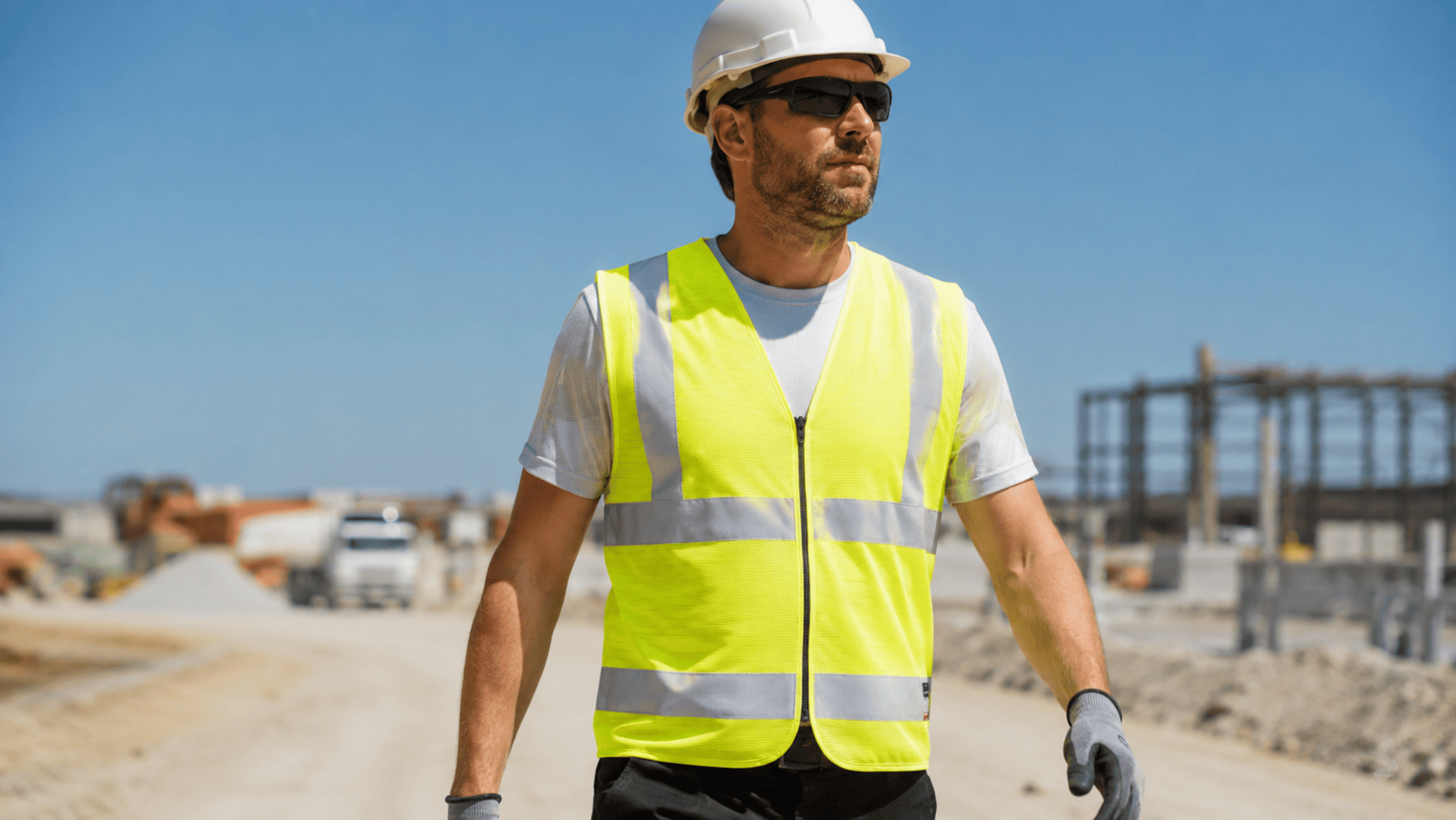 Trabajador en obra con chaleco de alta visibilidad transpirable, casco blanco y gafas de protección solar en exterior. 