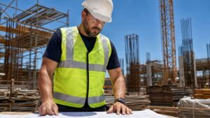 Trabajador en obra bajo calor extremo vistiendo chaleco refrigerante amarillo-verde de alta visibilidad con tecnología de evaporación, protección activa contra estrés térmico en construcción.