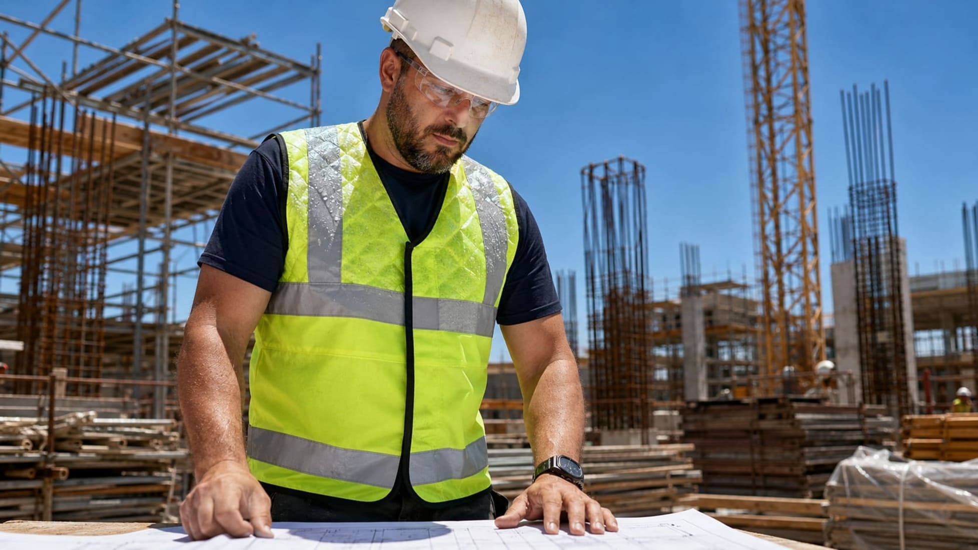 Trabajador en obra bajo calor extremo vistiendo chaleco refrigerante amarillo-verde de alta visibilidad con tecnología de evaporación, protección activa contra estrés térmico en construcción.